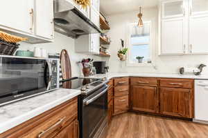 Kitchen featuring white cabinets, appliances with stainless steel finishes, light hardwood / wood-style floors, and decorative light fixtures