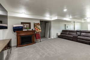 Living room with light colored carpet and a textured ceiling