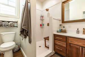 Bathroom featuring a shower, vanity, wood-type flooring, and toilet