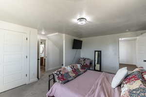 Bedroom with light carpet and a textured ceiling