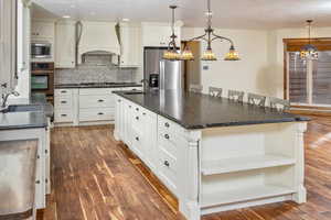 Kitchen with sink, stainless steel appliances, dark hardwood / wood-style floors, premium range hood, and a kitchen island with sink