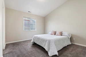 Carpeted bedroom featuring lofted ceiling