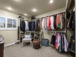 Huge walk in closet with carpet flooring in the master bedroom.