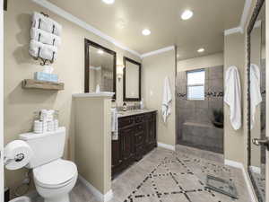 Bathroom featuring tile patterned flooring, vanity, ornamental molding, and tiled shower