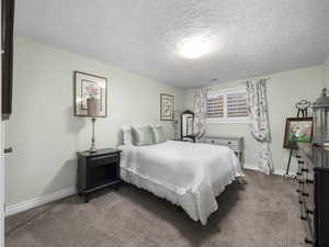 Carpeted bedroom with a textured ceiling