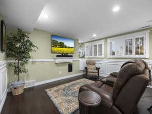 Living room with dark wood-type flooring