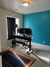 Office space with carpet floors and a textured ceiling