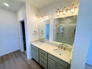 Bathroom with vanity, an enclosed shower, and hardwood / wood-style flooring