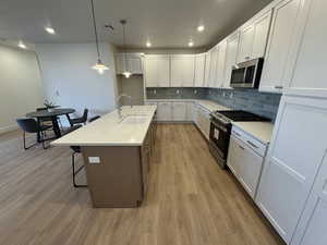 Kitchen featuring sink, stainless steel appliances, pendant lighting, a kitchen island with sink, and white cabinets