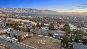 Aerial view at dusk with a mountain view