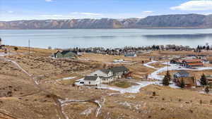 Aerial view with a water and mountain view