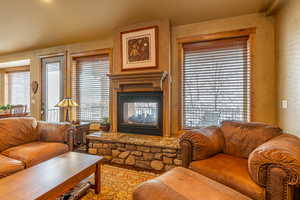 Living room featuring a stone fireplace