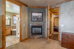 Carpeted living room with crown molding