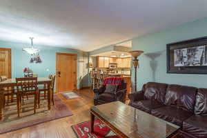 Living room with light hardwood / wood-style flooring and a textured ceiling