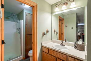 Bathroom with vanity, toilet, and a shower with shower door