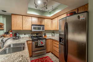 Kitchen with appliances with stainless steel finishes, a tray ceiling, light stone counters, and sink