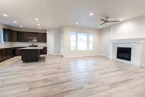 Kitchen with a fireplace, a center island, light wood-type flooring, and appliances with stainless steel finishes