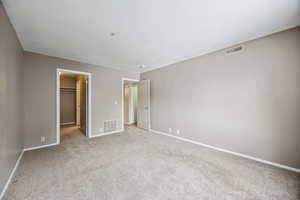 Unfurnished bedroom featuring a spacious closet, light carpet, and a closet