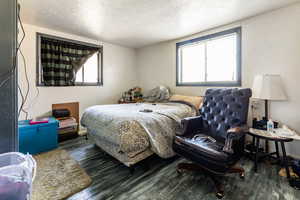 Bedroom with dark hardwood / wood-style floors, a textured ceiling, and multiple windows