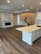 Kitchen with dark hardwood / wood-style floors, white cabinetry, and sink