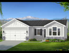 Ranch-style house with a shingled roof, a mountain view, a front lawn, and board and batten siding