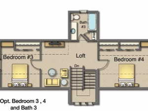 Advertised Upstairs layout- This finish is flexible.  Can opt to change a bedroom to a family room, and/or eliminate bathroom