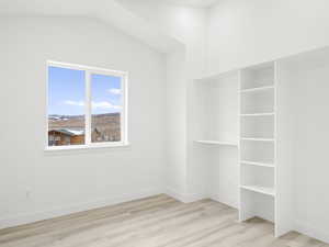 Spacious closet with light wood-type flooring and vaulted ceiling