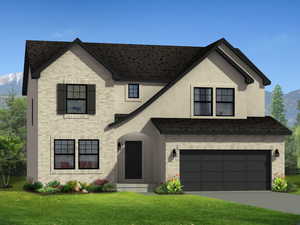 View of front of property featuring a front yard, a mountain view, and a garage