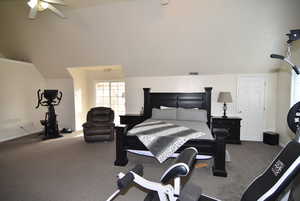 Bedroom featuring ceiling fan, carpet, and vaulted ceiling