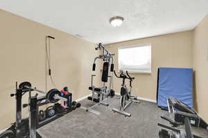 Exercise area featuring carpet flooring and a textured ceiling