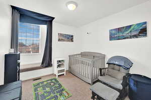 Carpeted bedroom with a nursery area