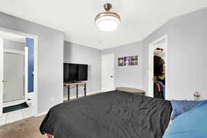 Carpeted master bedroom featuring a walk-in closet, connected bathroom, and a closet