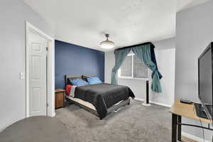 Master Bedroom with carpet and a textured ceiling