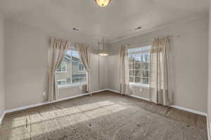 Carpeted spare room featuring lofted ceiling