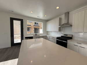 Kitchen with sink, wall chimney exhaust hood, dark hardwood / wood-style floors, a textured ceiling, and stainless steel appliances