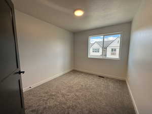 Carpeted empty room featuring a textured ceiling