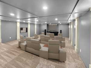 AI generated decorated Media room featuring light carpet