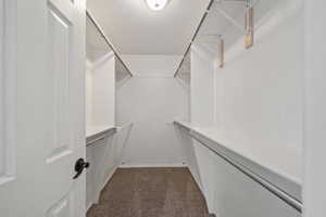 Spacious closet featuring dark colored carpet