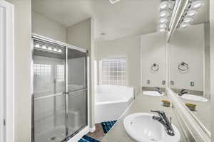 Bathroom featuring plus walk in shower, hardwood / wood-style floors, and vanity