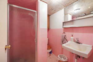 Bathroom featuring toilet, tile walls, a shower with shower door, and sink