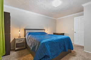 Carpeted bedroom with a textured ceiling and crown molding