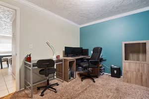 Office featuring a wealth of natural light, carpet, a textured ceiling, and ornamental molding