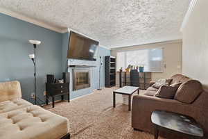 Carpeted living room with a textured ceiling and ornamental molding