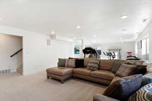 Carpeted living room with a textured ceiling