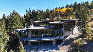 Rear view of property featuring a forest view and a chimney