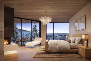 Bedroom featuring a mountain view, floor to ceiling windows, wood-type flooring, and wooden ceiling