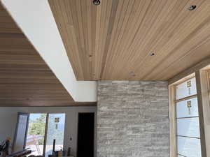 Detailed view of wood ceiling and recessed lighting