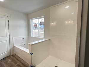 Primary Bathroom featuring wood-type flooring and shower with separate bathtub