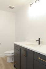 Bathroom featuring toilet, vanity, and hardwood / wood-style flooring