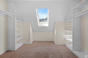 Spacious closet with light colored carpet and lofted ceiling with skylight